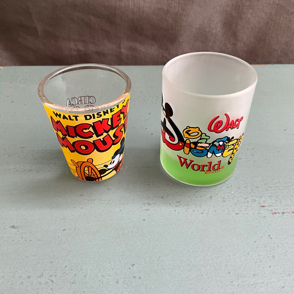 Disney Mickey Mouse Shot Glass Set Walt Disney World Frosted & Circa 1928 2pc